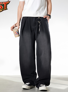 【RST】复古做旧直筒水洗牛仔裤男春季交叉打褶设计宽松休闲长裤