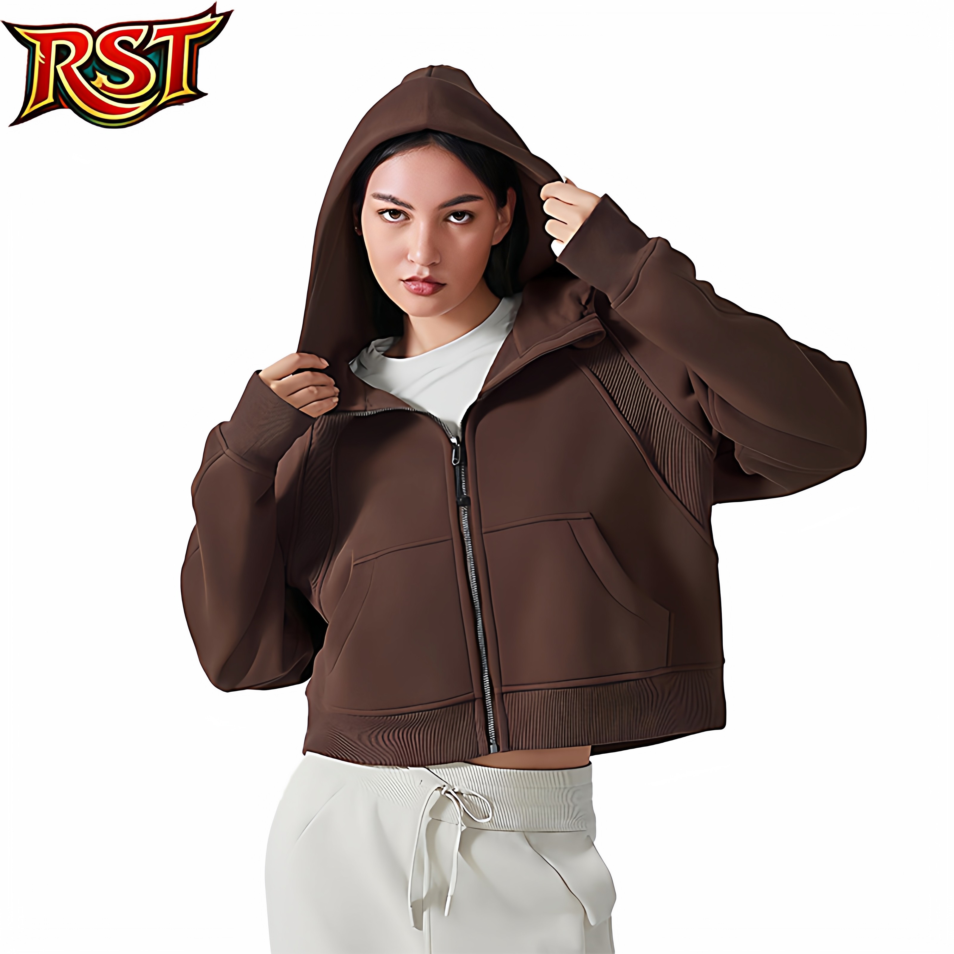 [RST]2026新款加绒拉链连帽运动外套女宽松休闲卫衣瑜伽服上衣春