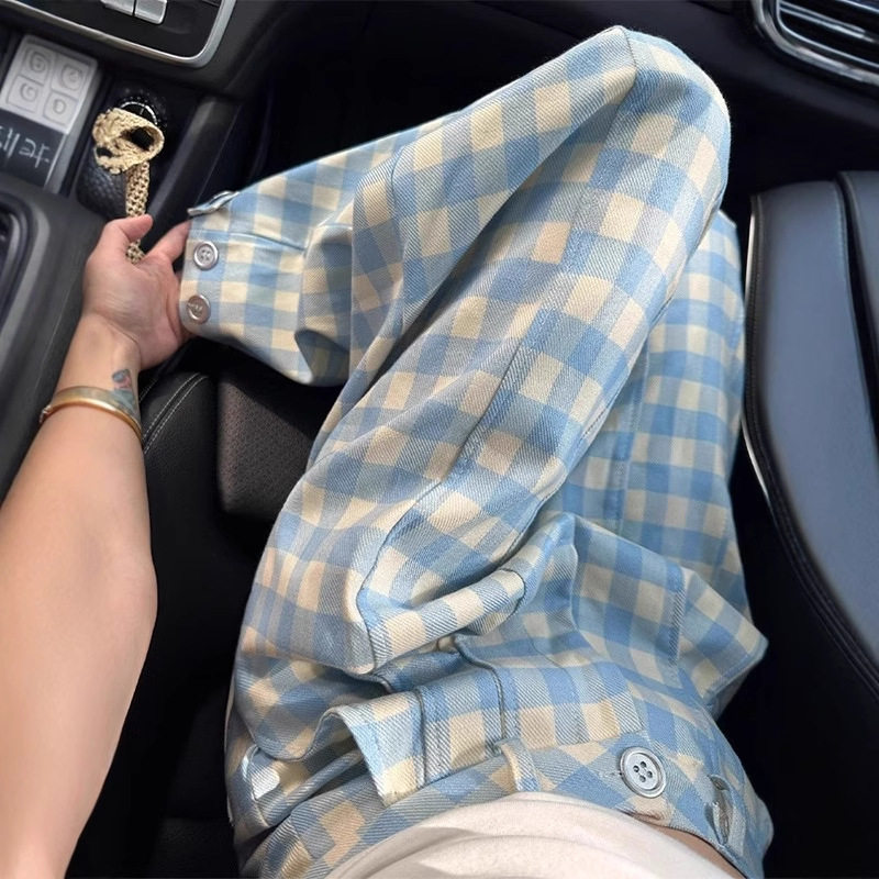 大码梨型身材蓝色格子裤女2026年新款mm高腰垂感显瘦阔腿休闲裤子