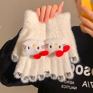 钻石美甲猫咪毛绒手套秋冬加厚保暖分指手套学生骑行防寒五指手套