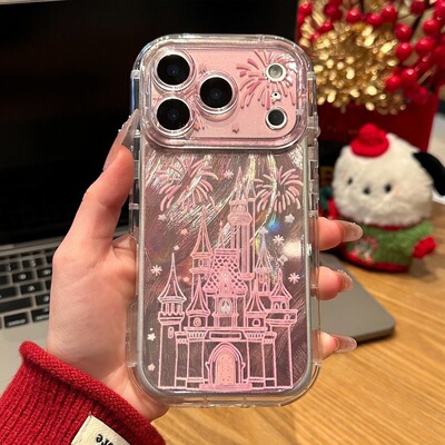 潮牌粉色线条城堡PF适用苹果iphone17pm手机壳16pro  15泡芙羽纱13promax镜子支架11手机壳套