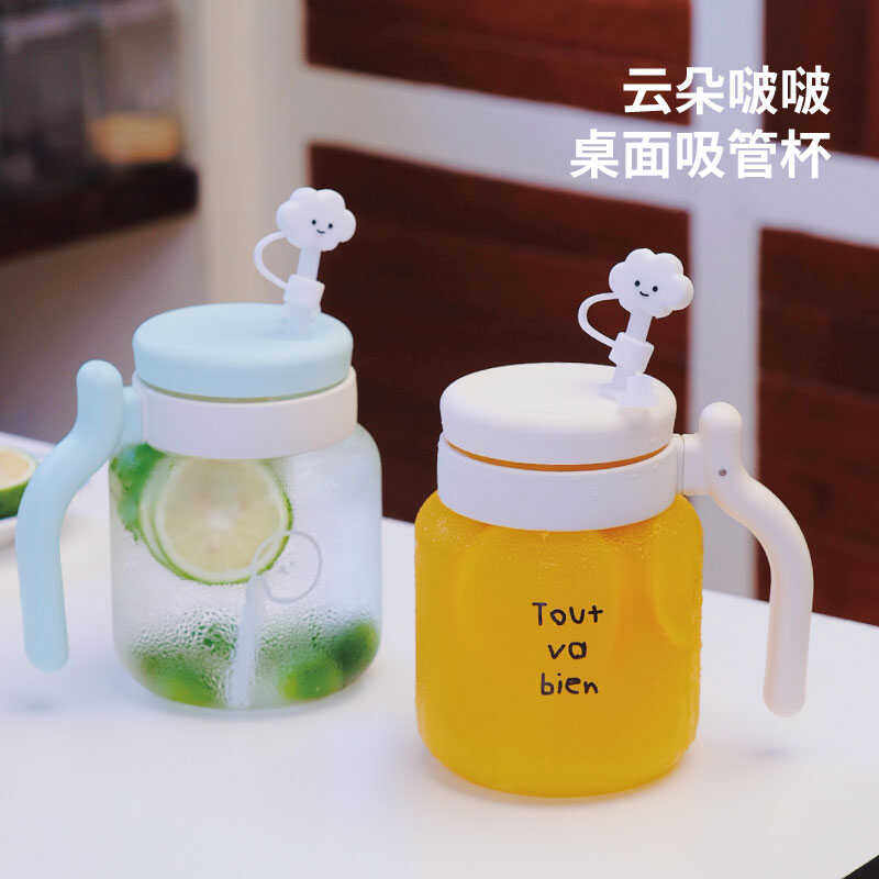 云朵啵啵大容量桌面吸管杯玻璃杯 - 实物图