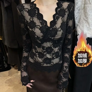 性感百搭洋气时髦蕾丝纯欲 秋冬自发热女磨毛加绒蕾丝衫 红袖 招女装