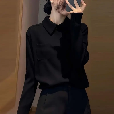 Polo领长袖针织打底衫女秋冬减龄