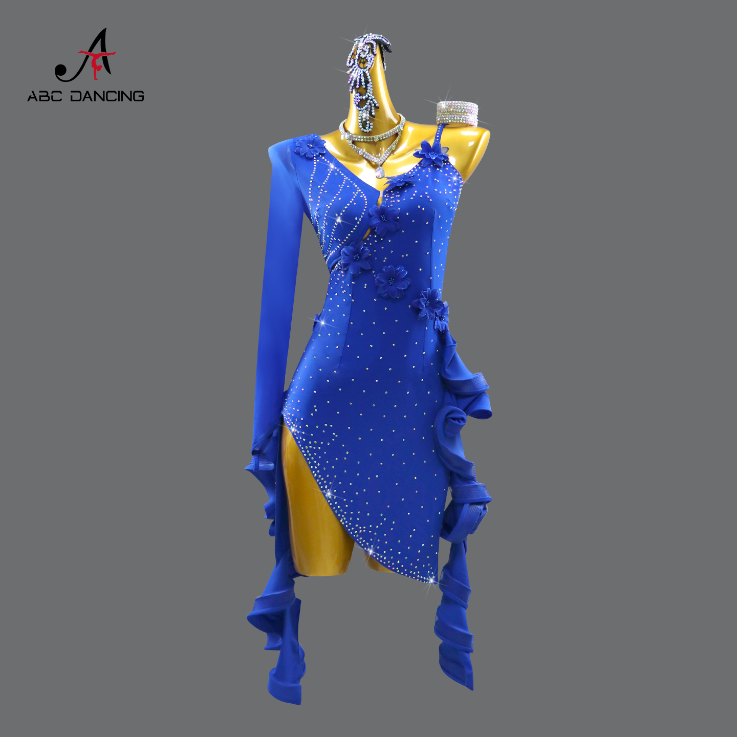 2025新款蓝色拉丁舞演出服装亮片加钻修身性感显瘦舞蹈比赛连衣裙