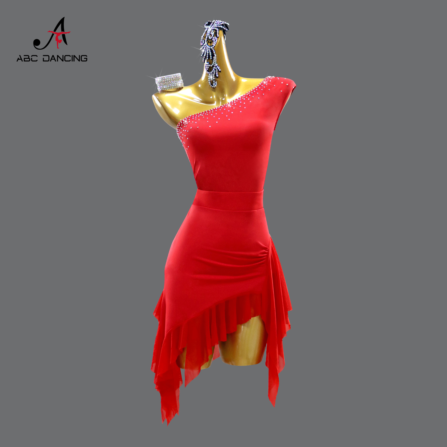 2025新款红色单肩拉丁舞比赛花服