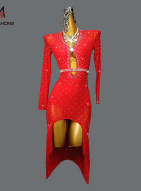 新款拉丁舞表演出比赛服装成年专业桑伦巴红色性感舞台流苏连衣裙