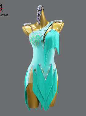 2025新款绿色拉丁舞花服艺考级比赛专用黑池舞蹈台连衣裙性感规定