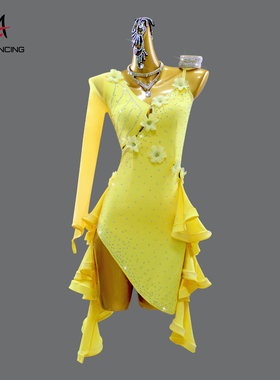 2025新款黄色拉丁舞比赛花服性感演出服加钻定制黑池艺考舞台服装
