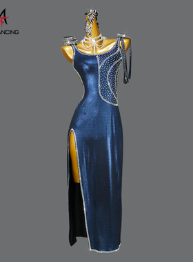 2025新款蓝色拉丁舞服专业高级舞蹈表演出比赛连衣裙女式伦巴花服