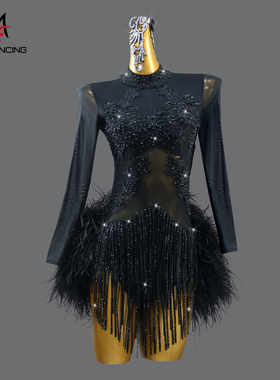 2025黑色专业拉丁舞比赛裙高级黑池羽毛演出花服标准桑巴solo定制