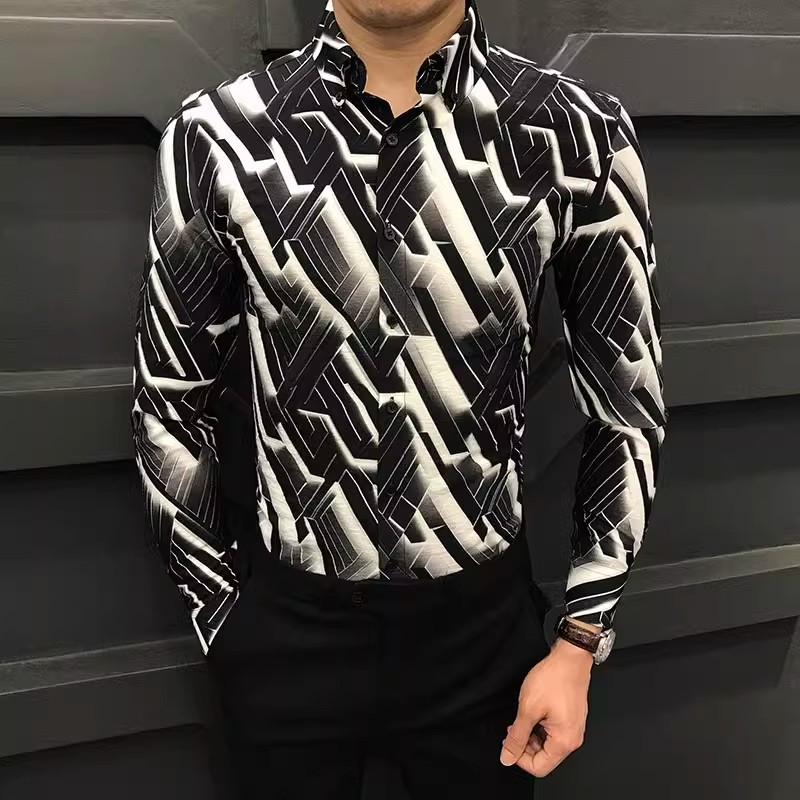 春季痞帅3D几何印花衬衫男长袖