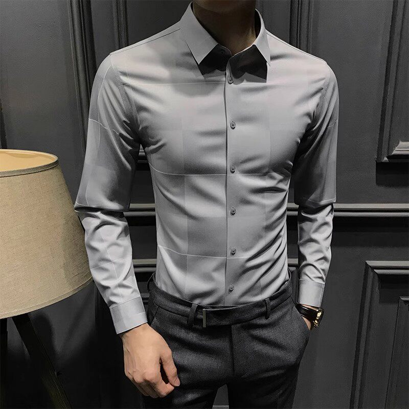 2025新款韩版修身长袖休闲男装衬衣高端商务免烫高级感春秋衬衫男