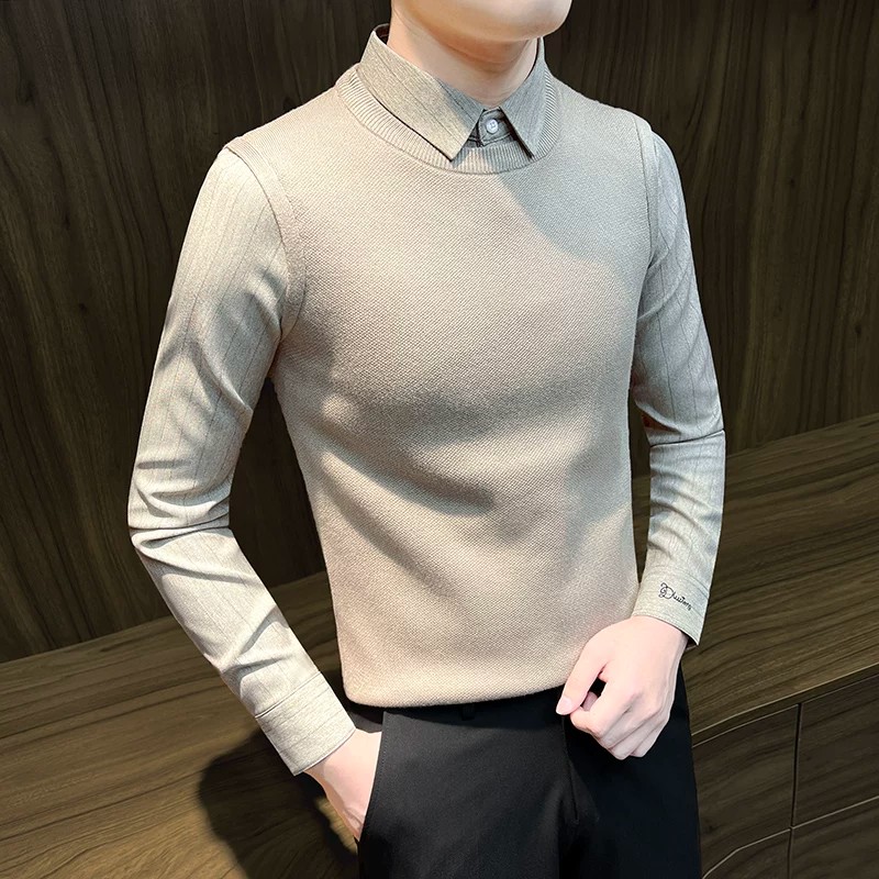 春秋新款男士假两件痞帅衬衫