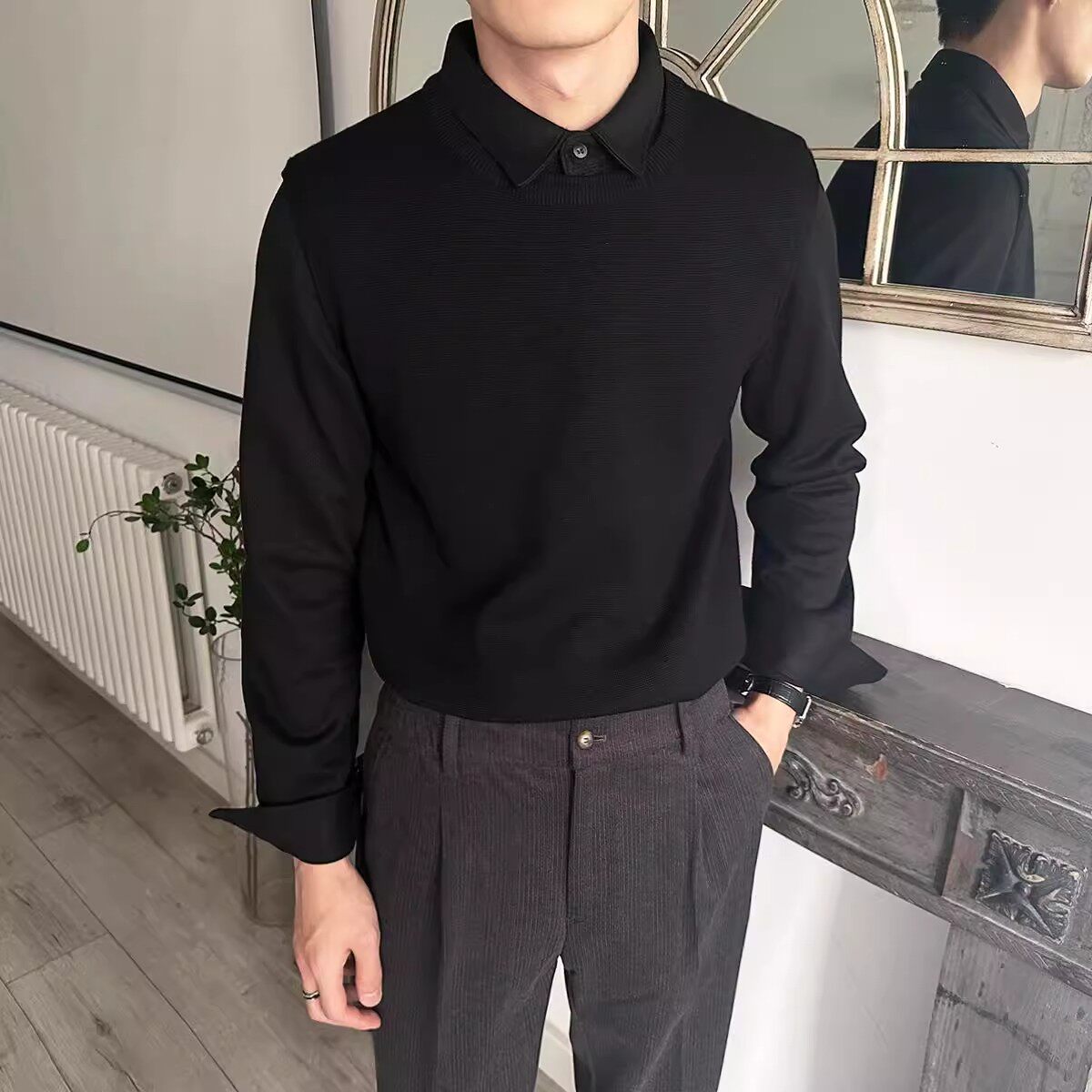 冬季加厚款保暖拼接假两件衬衫领毛衣男长袖修身毛呢休闲针织衫男