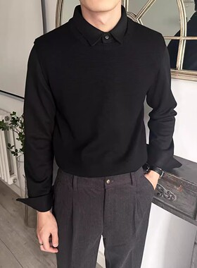 冬季加厚款保暖拼接假两件衬衫领毛衣男长袖修身毛呢休闲针织衫男