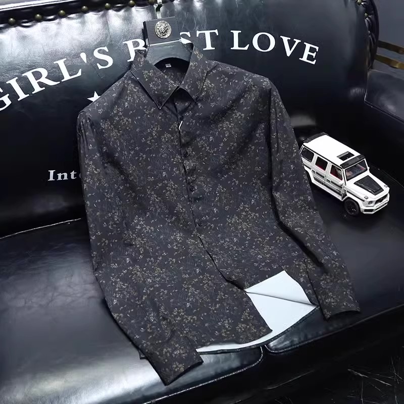 高级感碎花长袖衬衫男修身商务