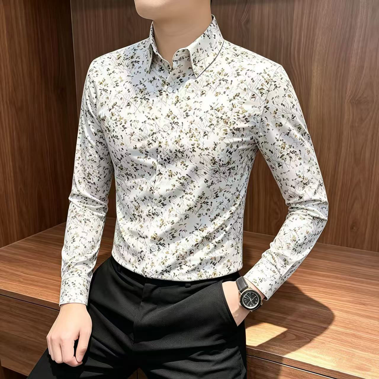 欧洲站秋冬男碎花修身长袖衬衫