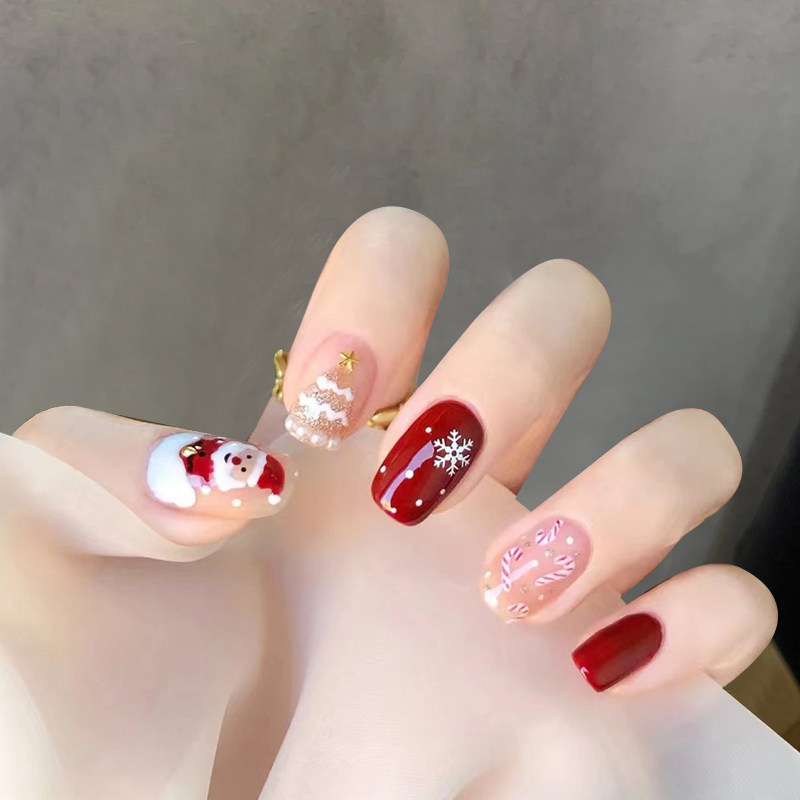 秋冬显白红色雪人圣诞美甲成品手工定制光疗穿戴甲孕妇防水可拆卸