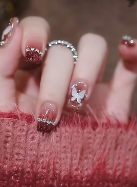 网红爆款新年红色美甲成品鎏金蝴蝶爆闪玫瑰红钻手工定制穿戴甲