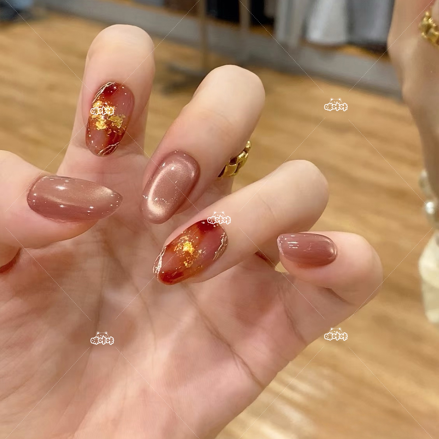 秋冬豆沙色晕染气质显白鎏金猫眼