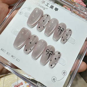 夏日显白甜酷辣妹风粉色猫眼波点蝴蝶结美甲成品手工定制穿戴甲