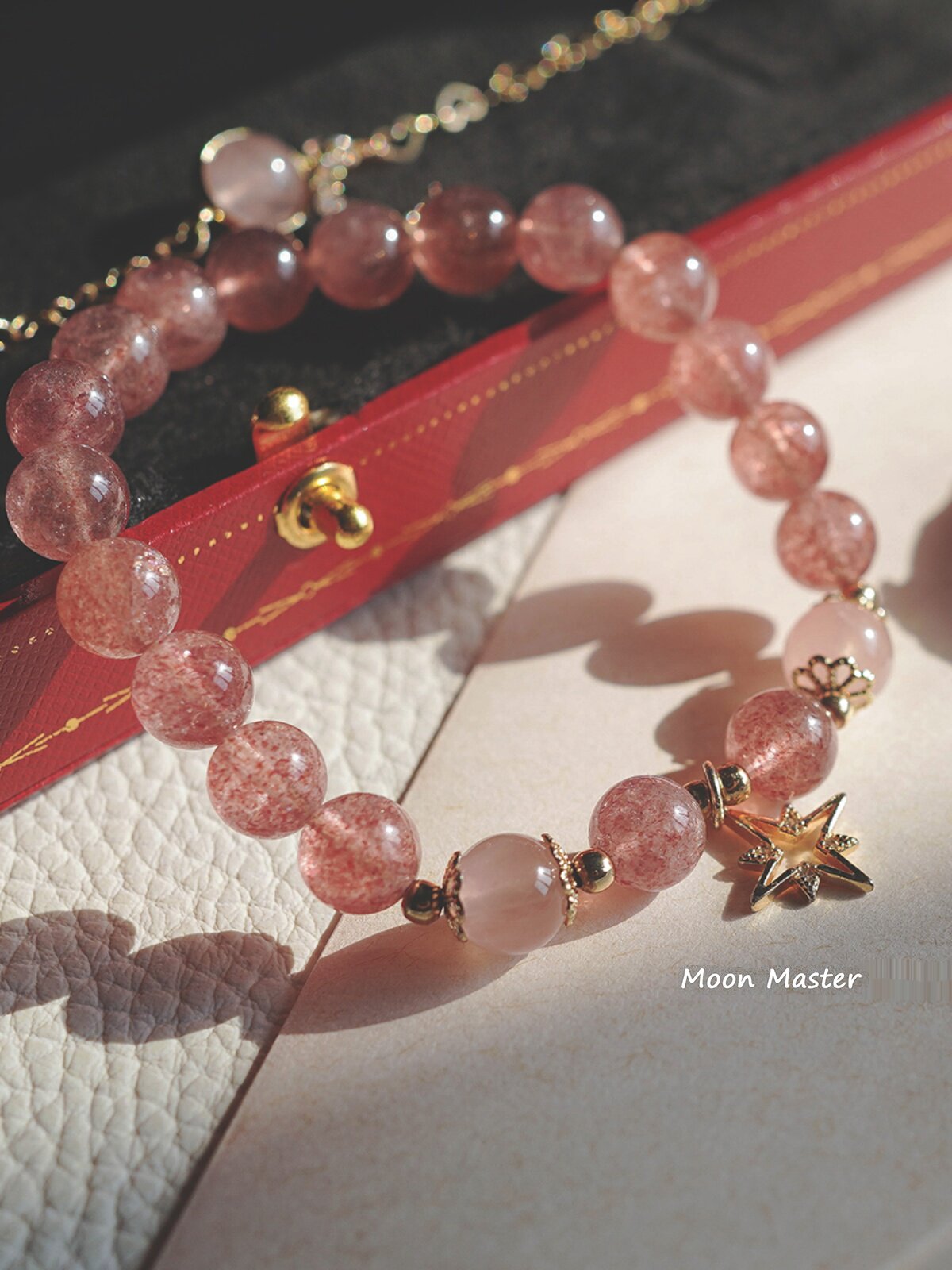 月老祠天然粉水晶草莓晶招旺桃花粉色手链女士生手串红纹石碧玺堂