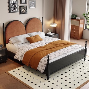 高档婚床双人床 法式 复古黑色实木床1.8米主卧室软包高靠大床美式