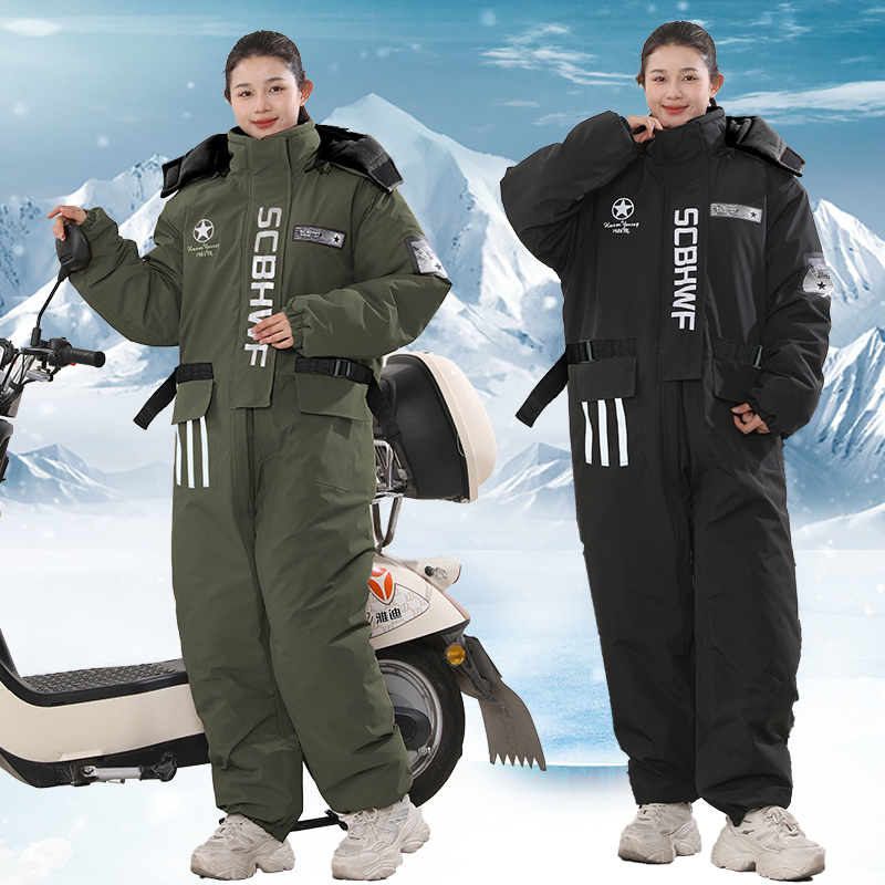 机车挡风衣冬季加绒加厚男款连身机车骑行服防风衣冷藏库服户外女