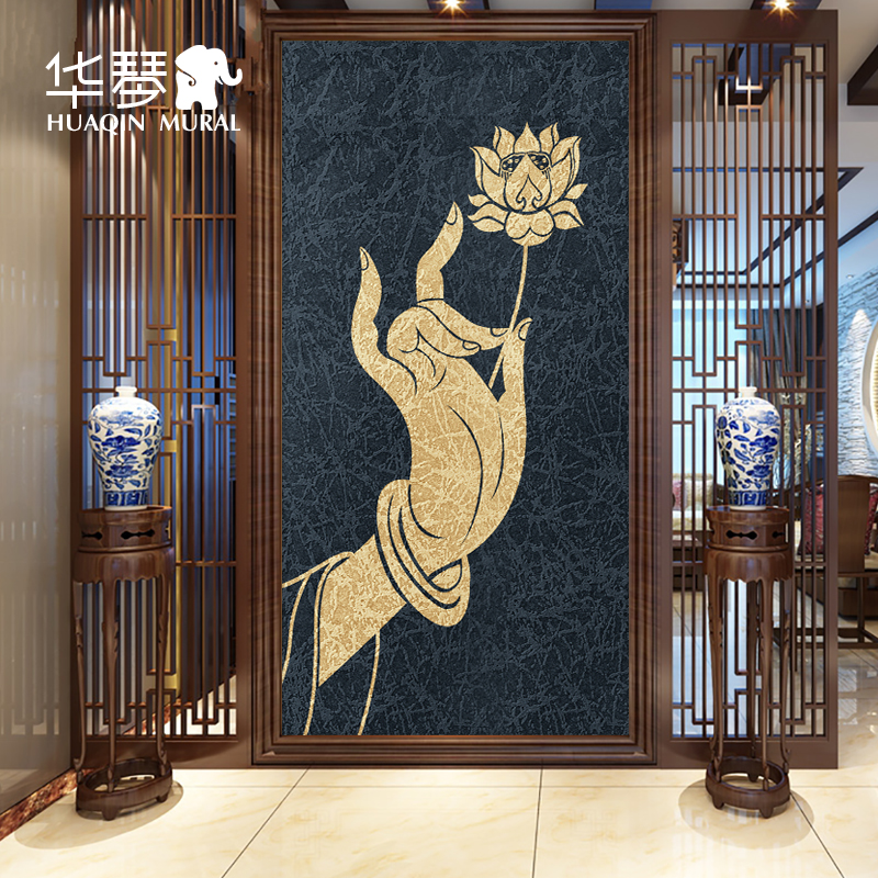 新中式莲花拈花手壁画挂画玄w关走廊过道佛手背景墙纸墙布壁布定