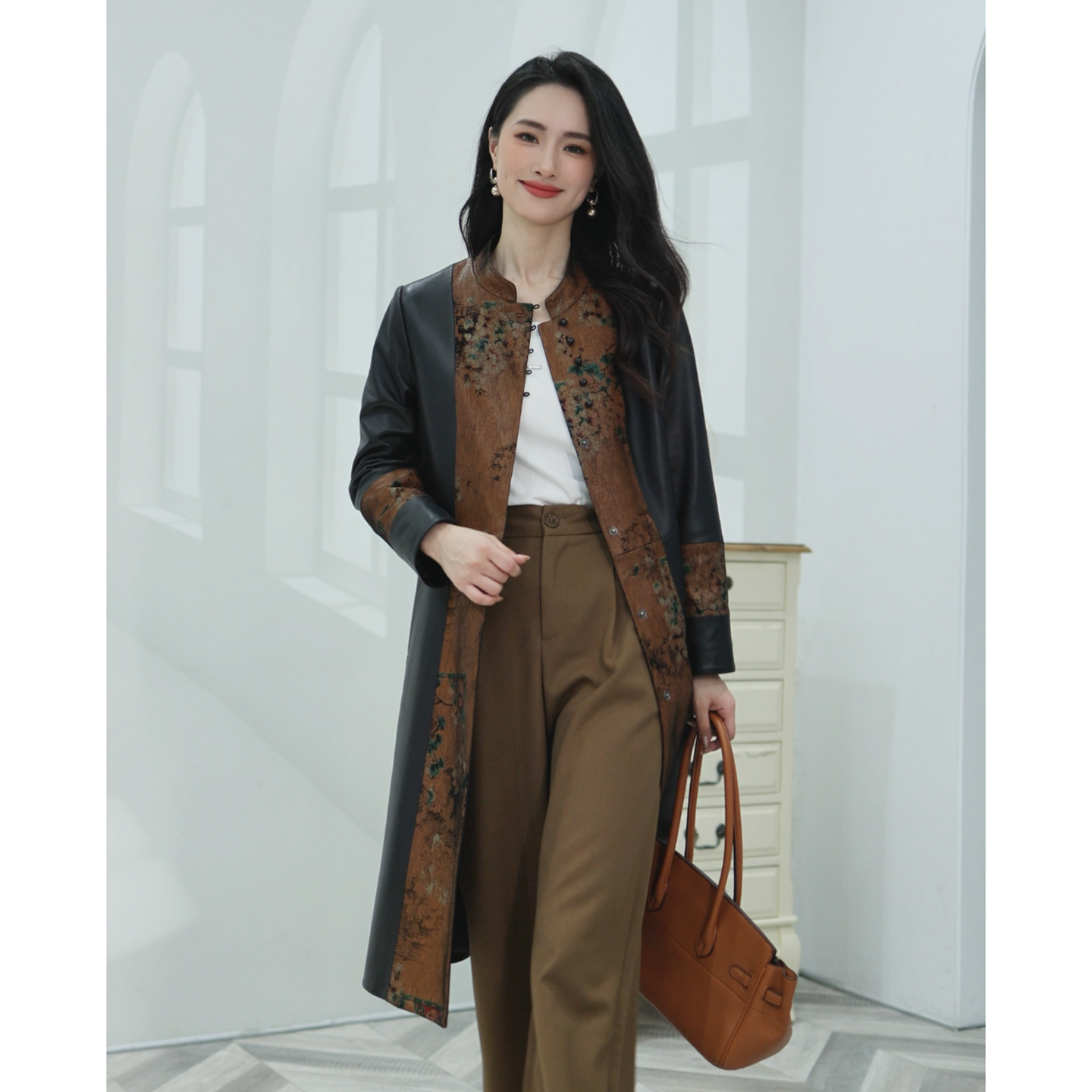 飞宫海宁绵羊皮真皮风衣大衣外套