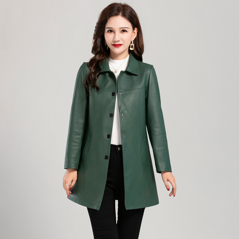 海宁修身高端气质中长款真皮皮衣