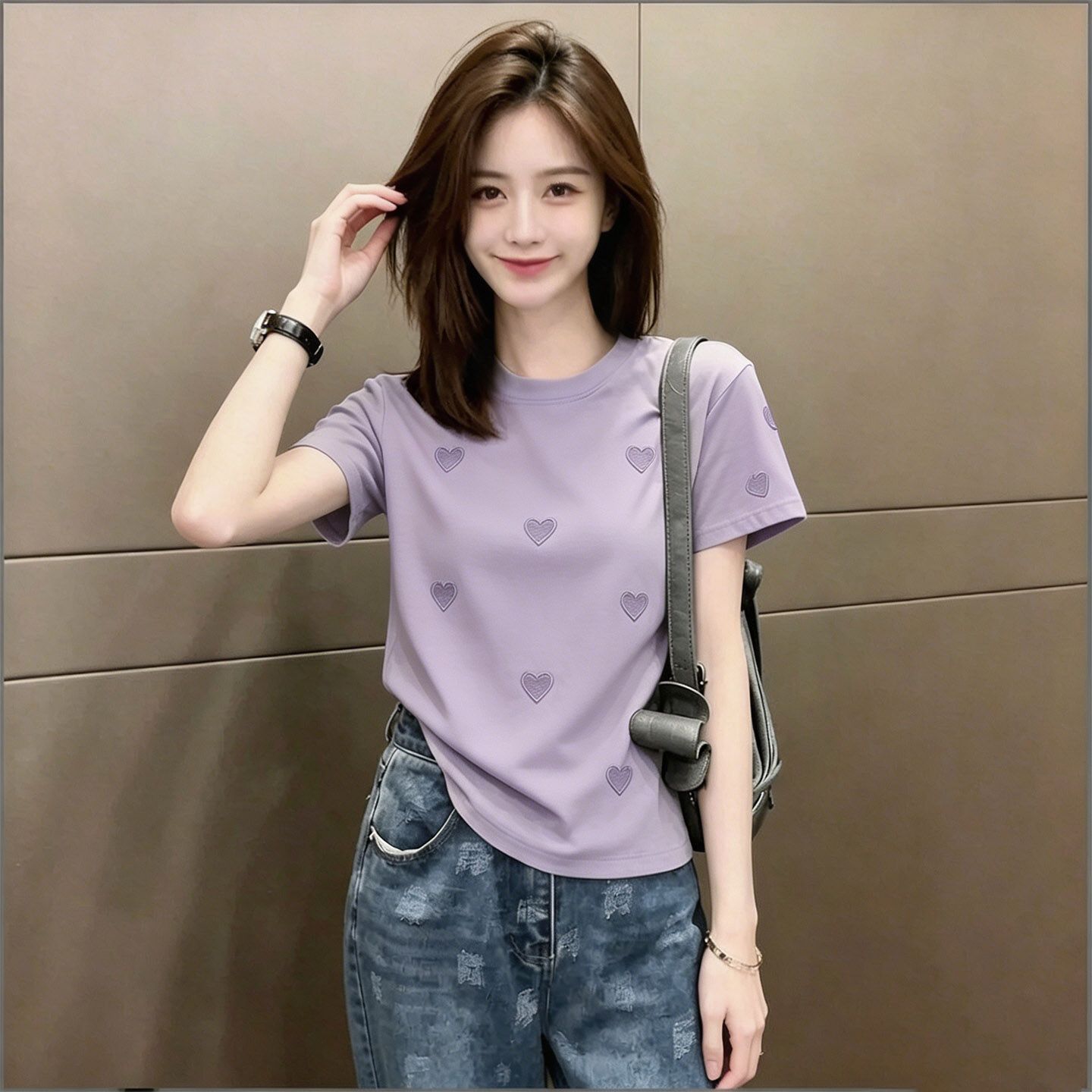 爱心刺绣正肩短袖t恤女洋气上衣图片