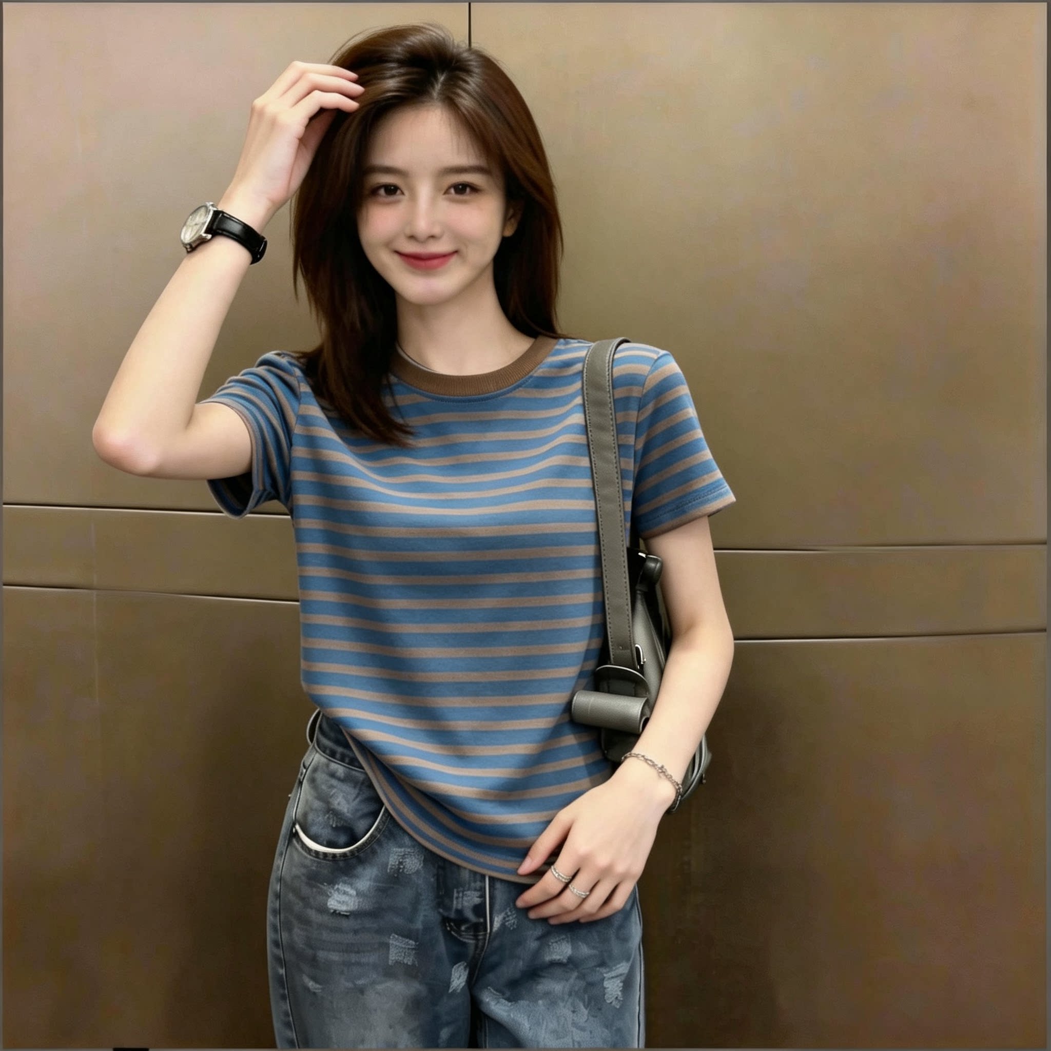 韩系复古条纹短袖T恤女体恤上衣图片