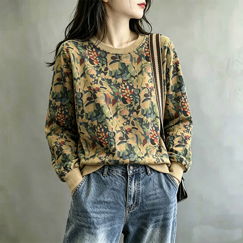 复古花卉套头圆领卫衣女春装秋季氛围感休闲个性外穿长袖宽松上衣