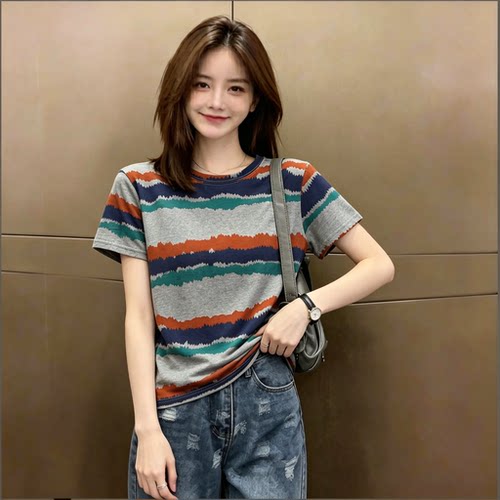 美式复古撞色条纹短袖T恤女