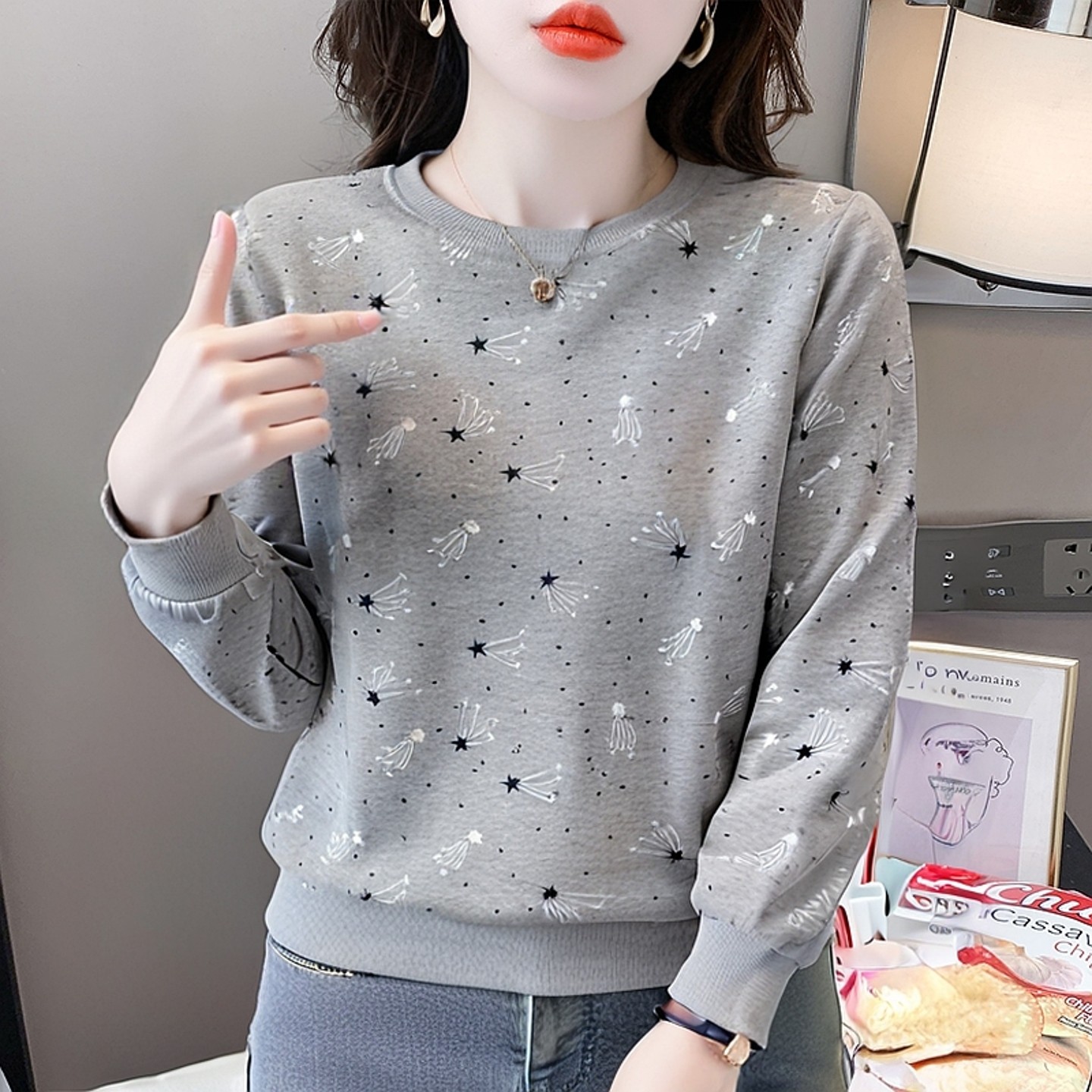 灰色纯棉圆领卫衣女秋装爆款上衣