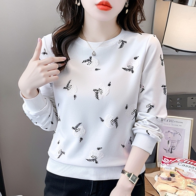 白色圆领无帽长袖卫衣女秋装上衣