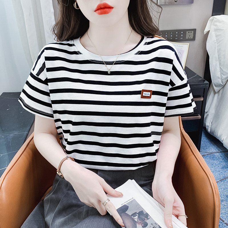 黑白条纹短袖t恤女夏装体恤上衣图片