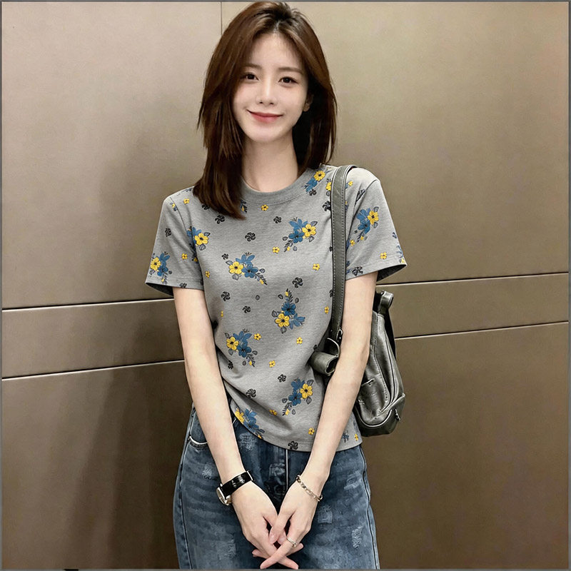 韩系温柔风碎花纯棉短袖T恤女夏季新款纯棉正肩洋气百搭半袖上衣