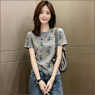 韩系温柔风碎花纯棉短袖T恤女夏季新款纯棉正肩洋气百搭半袖上衣