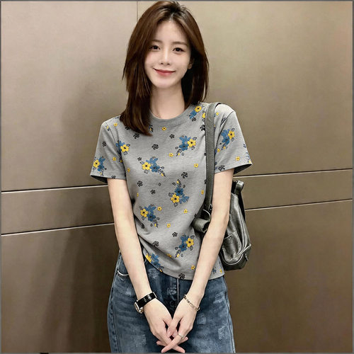 韩系温柔风碎花纯棉短袖T恤女