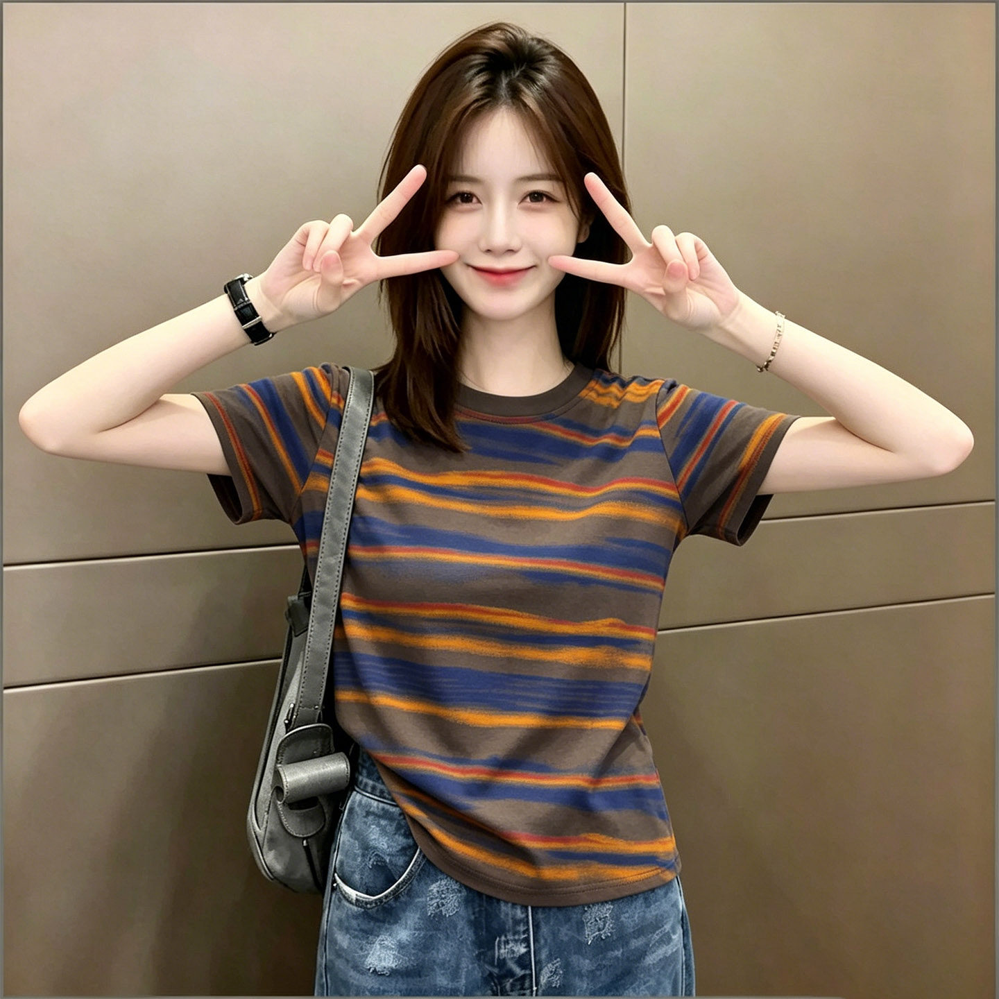 韩系穿搭渐变条纹短袖T恤女图片