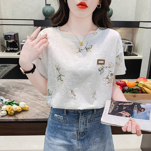 体恤 设计感时尚 花朵印花短袖 t恤女宽松纯棉正肩上衣ins潮夏季 新款
