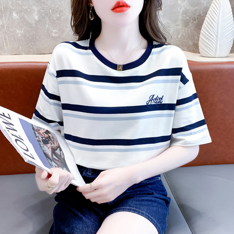 纯棉条纹短袖T恤女夏季新款韩版设计感刺绣上衣休闲撞色圆领体恤