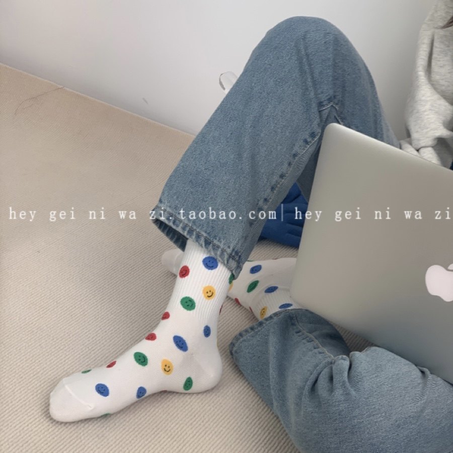 hey给你袜子ins韩风吸汗透气运动笑脸图案个性女士纯棉中高筒袜