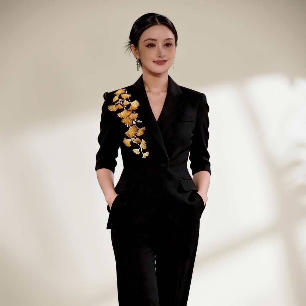 2619微喇裤银杏刺绣新中式西装套装轻奢高级感职场通勤宴会主持