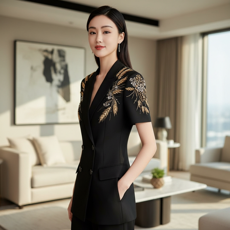 2617麦穗刺绣短袖收腰西装套装 高级感刺绣钉钻 宴会通勤外套夏款