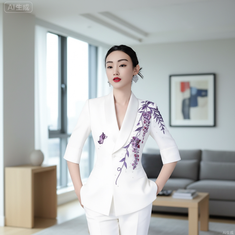 紫藤蝴蝶微喇裤刺绣夏款西装套装职业女裤套装