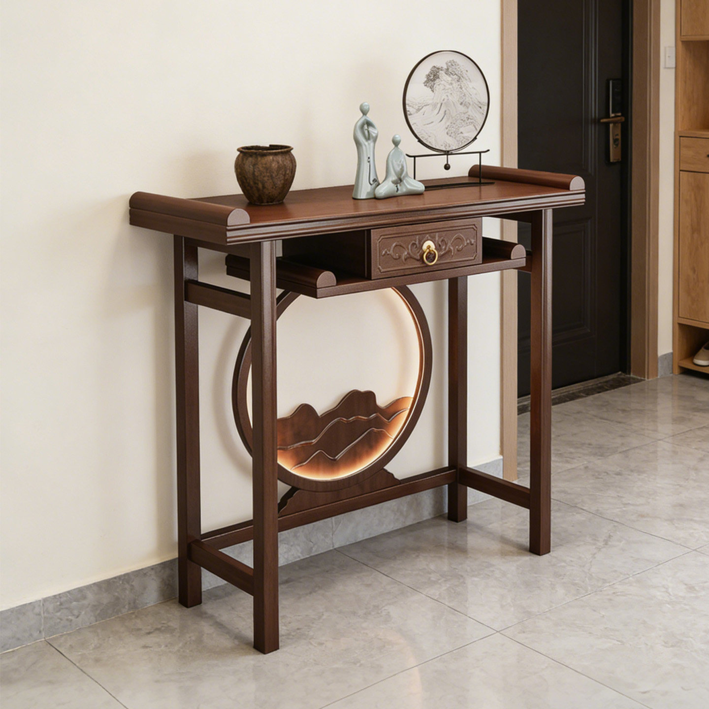 入户玄关桌靠墙边桌带灯新中式条案客厅端景台中式桌子多层置物架